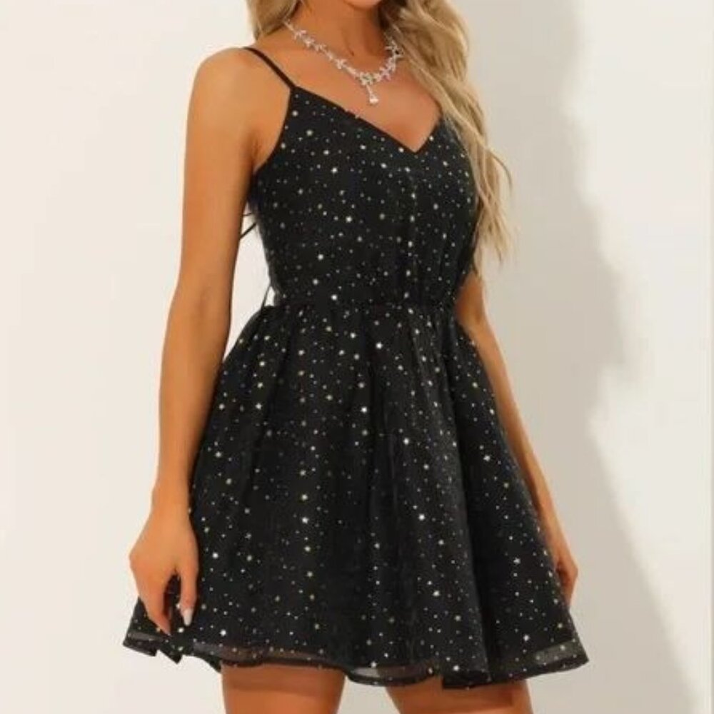 ALLEGRA K Party Metallic Stars Mini Dress/ Spaghetti Strap  Sz: L Black/Gold